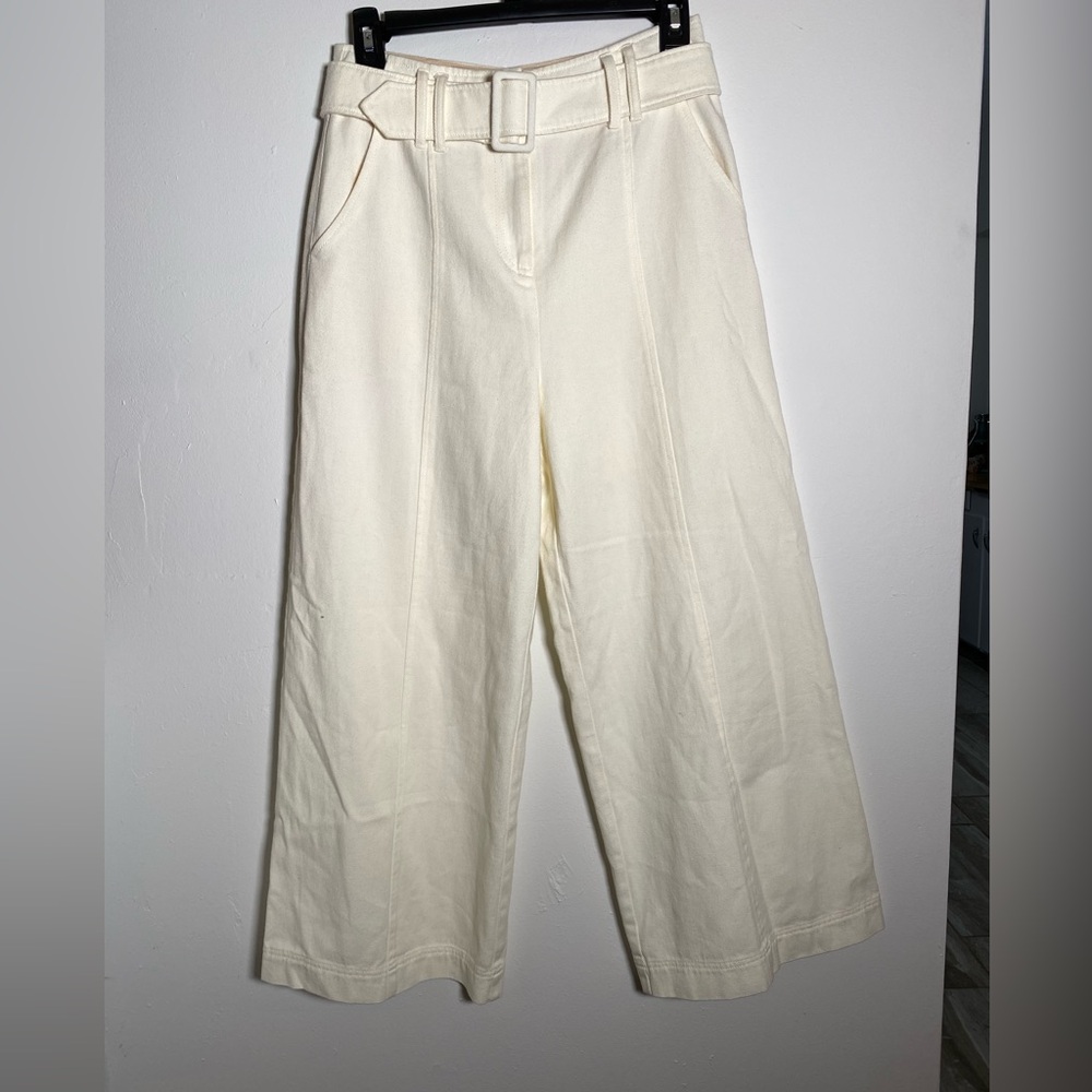 INTERMIX Cream Belted Wide-Leg Ankle Cotton Pants Resort Vacation Beach